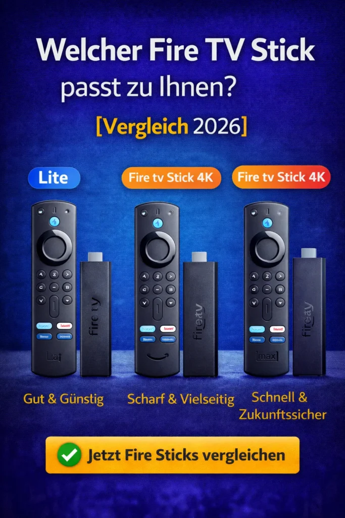 📝 Alt-Text: Verschiedene Fire TV Stick Modelle (Lite, 4K, 4K Max) auf einem Wohnzimmertisch neben einem modernen Fernseher mit geöffneter IPTV-App