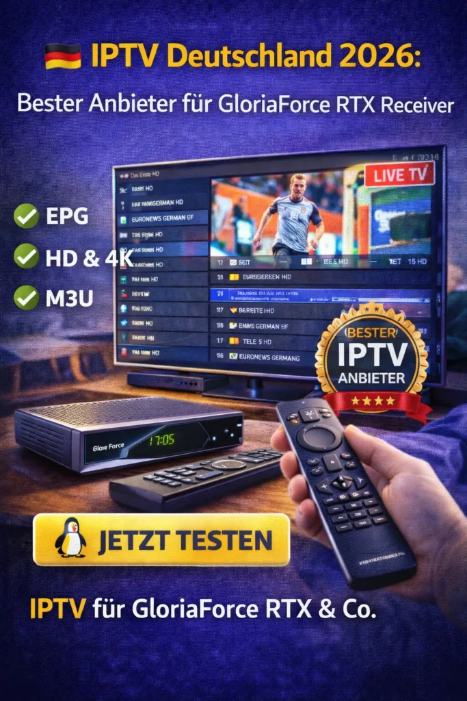 Ein moderner GloriaForce RTX IPTV-Receiver zeigt eine deutsche Senderliste auf einem 4K-TV mit EPG und stabiler Internetverbindung