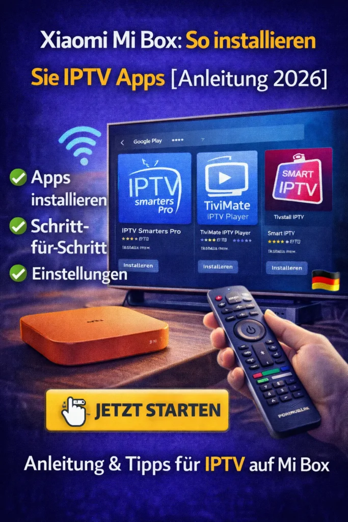 Ein Fernseher mit geöffneter IPTV-App auf einer Xiaomi Mi Box in einem modernen Wohnzimmer – zeigt deutsches IPTV-Streaming