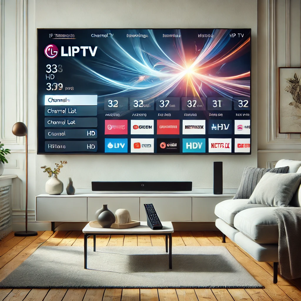 Nutzer streamt IPTV auf LG Smart TV mit moderner Benutzeroberfläche und deutscher Senderliste in Wohnzimmerumgebung