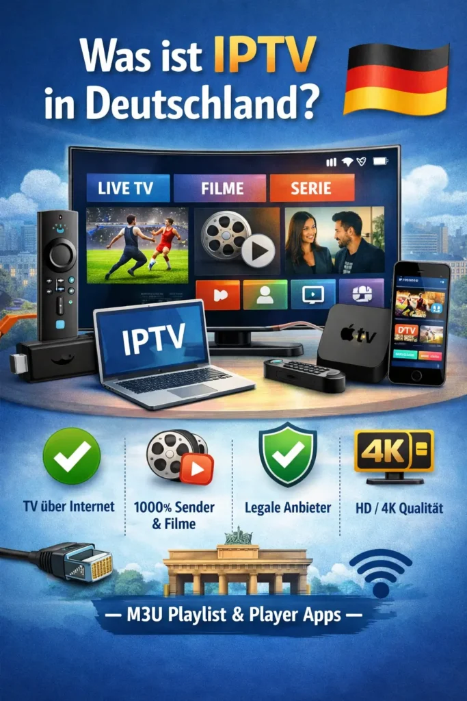 Modernes Wohnzimmer mit Smart TV, der IPTV in Deutschland über eine Benutzeroberfläche streamt