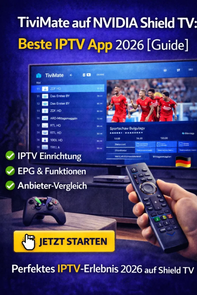 Ein moderner Fernseher mit NVIDIA Shield TV zeigt die Benutzeroberfläche der TiviMate IPTV App mit Senderliste und EPG – optimiertes IPTV-Streaming in Deutschland
