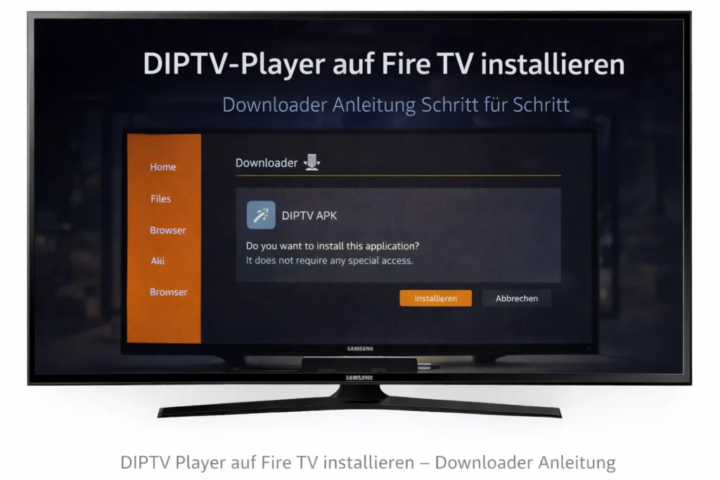 Fire TV Stick zeigt Installation des DIPTV-Players über Downloader-App