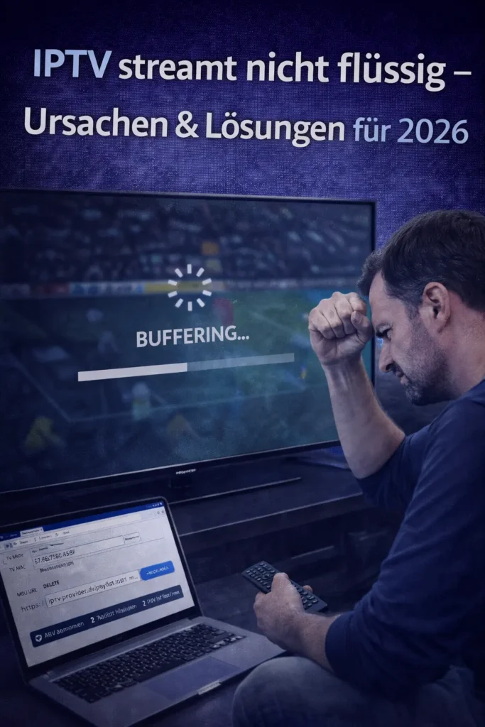 Ein Mann sitzt vor dem Fernseher mit Lade-Symbol auf dem Bildschirm – typisches Problem beim IPTV-Streaming mit Buffering in Deutschland.