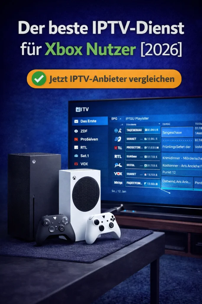 Ein moderner Fernseher mit Xbox Series X zeigt IPTV-Streaming über Kodi-App
