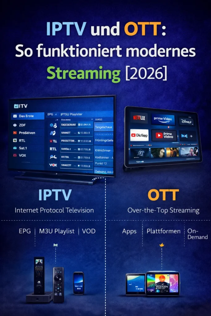 Ein moderner Smart-TV zeigt IPTV- und OTT-Streaming-Apps nebeneinander, Symbolbild für hybrides Streaming in Deutschland