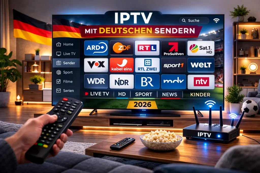 Wohnzimmer mit IPTV Interface und deutschen TV Sendernamen